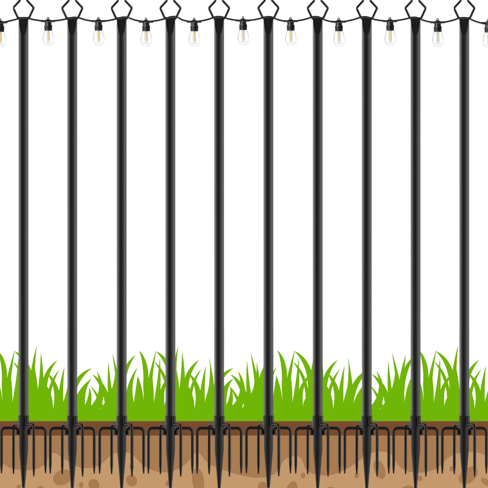 6 Pack String Light Poles, Outdoor String Light Pole 10 ft Forked Metal Light Pole with Adjustable Outdoor Light Stand, Deck, Backyard, Garden, Wedding, Rustproof and Sturdy with Hooks